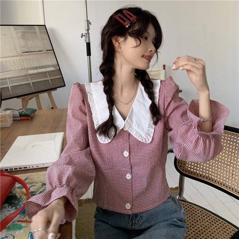Áo Kiểu Tay Phồng Cổ Búp Bê Họa Tiết Sọc Caro Phong Cách Retro