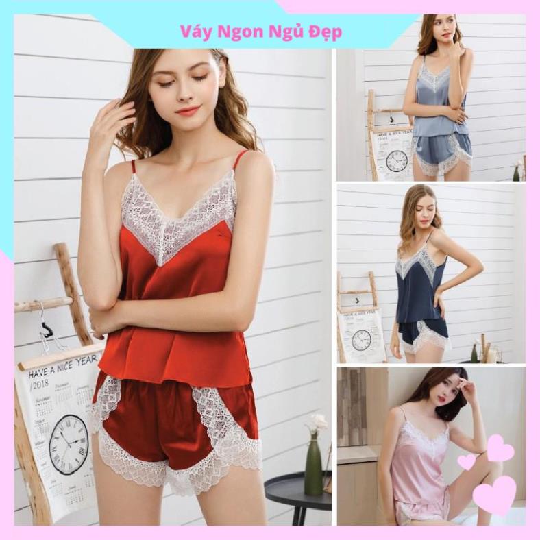 Đồ Ngủ 2 Dây Quần Cộc Ren Xẻ Mặc Nhà Lụa Satin Cao Cấp Đủ Size Dưới 85Kg DUIAS29AMK