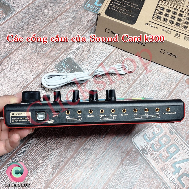 Sound card k300 có bluetooth auto tune hỗ trợ các mic thu âm livestream hay mic karaoke - K300 tích hộp pin và đèn led