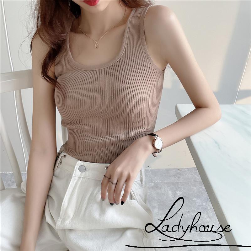 Áo Croptop Dệt Kim Không Tay Màu Trơn Ôm Dáng Xinh Xắn Cho Nữ