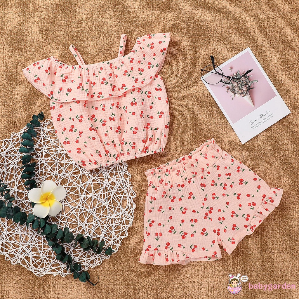 Bộ Áo Trễ Vai Không Tay In Hình Quả Cherry + Quần Short Trắng / Xanh Dương / Hồng Dành Cho Bé Gái 1-5 Tuổi