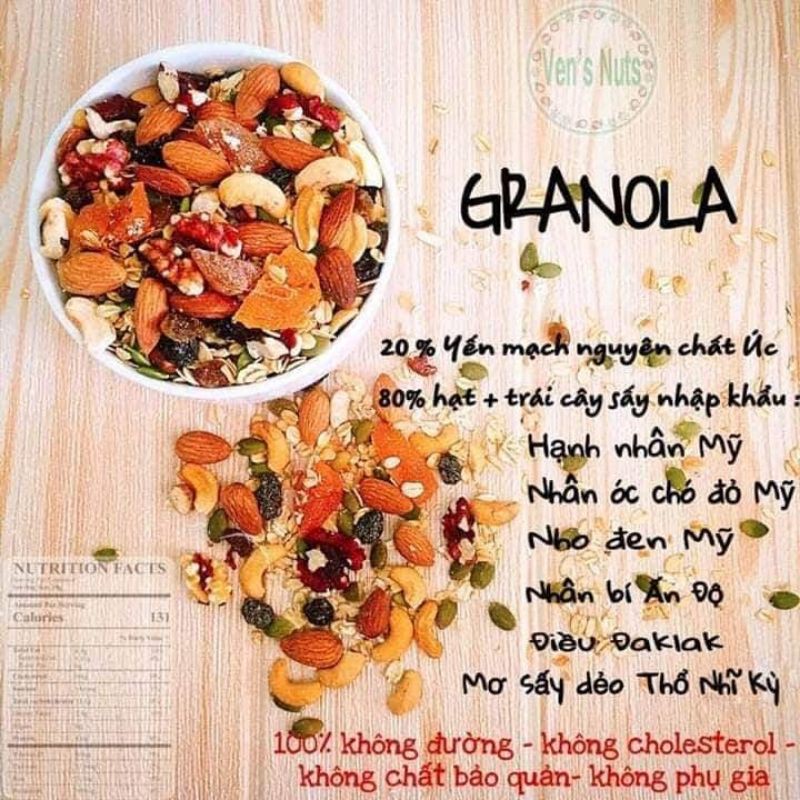 Granola 7 Loại Hạt Mix Mật Ong Ăn Liền 500g - Macca, Óc chó,Hạnh nhân, Bí xanh, Điều, Yến mạch, Mix 3 nho, Dừa, Mật ong