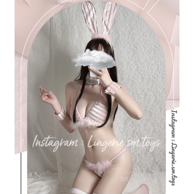 QR1217 Cosplay Thỏ Hồng Đính Nhũ Lấp Lánh Dễ Thương - Set Nội Y Thỏ Cao Cấp Kèm Phụ Kiện Xinh Yêu