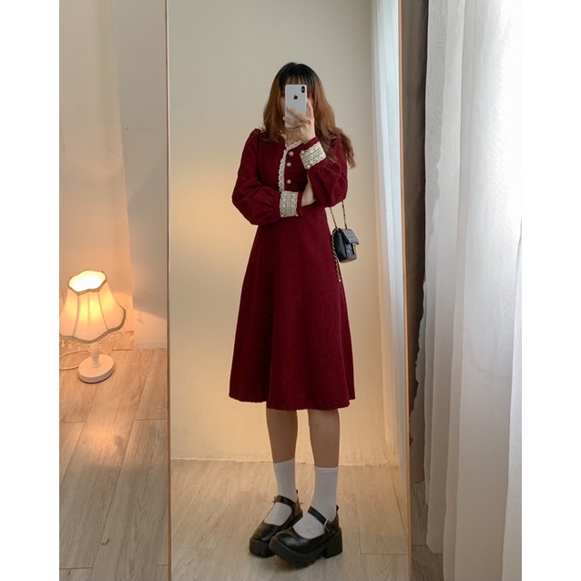 Đầm nhung tăm vintage phối ren cài cúc tay dài 452