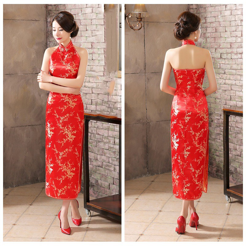 Chinese National Long Cheongsam Plum Sexy Costume Halter Dress Women Dress Qipao