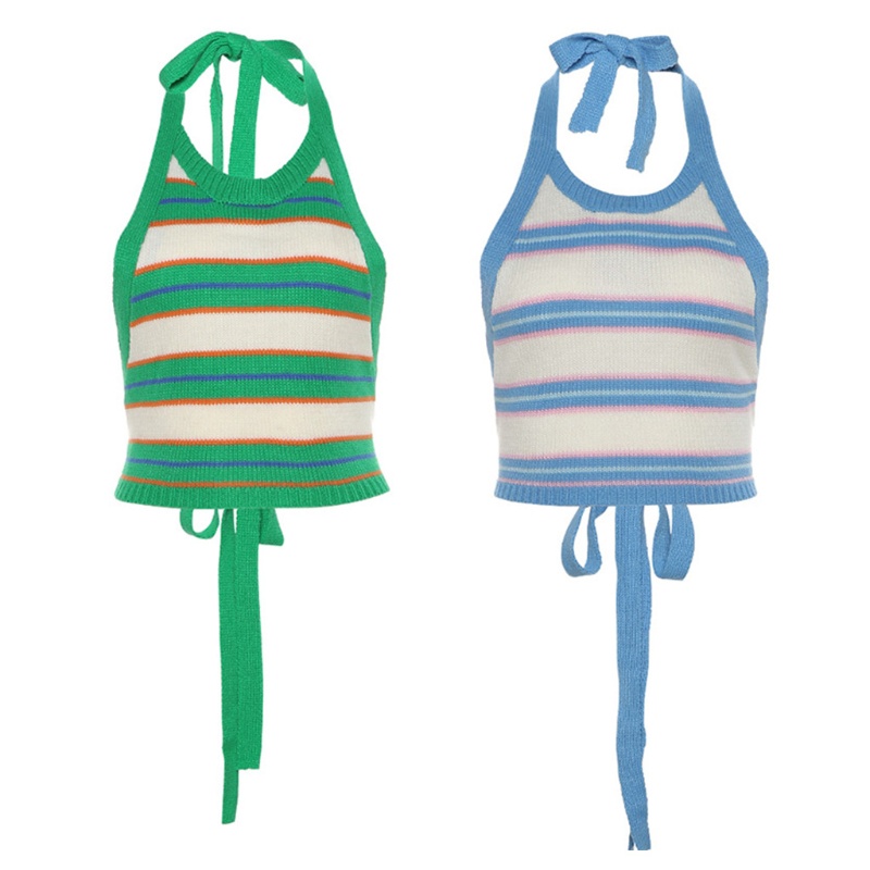 Áo Croptop Dệt Kim Hai Dây Hở Lưng Màu Sắc Tương Phản Phong Cách Quyến Rũ