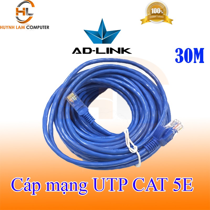 Cáp mạng 30m-Cáp mạng UTP CAT 5E AD-Link 30m bấm máy 2 đầu màu xanh hãng phân phối