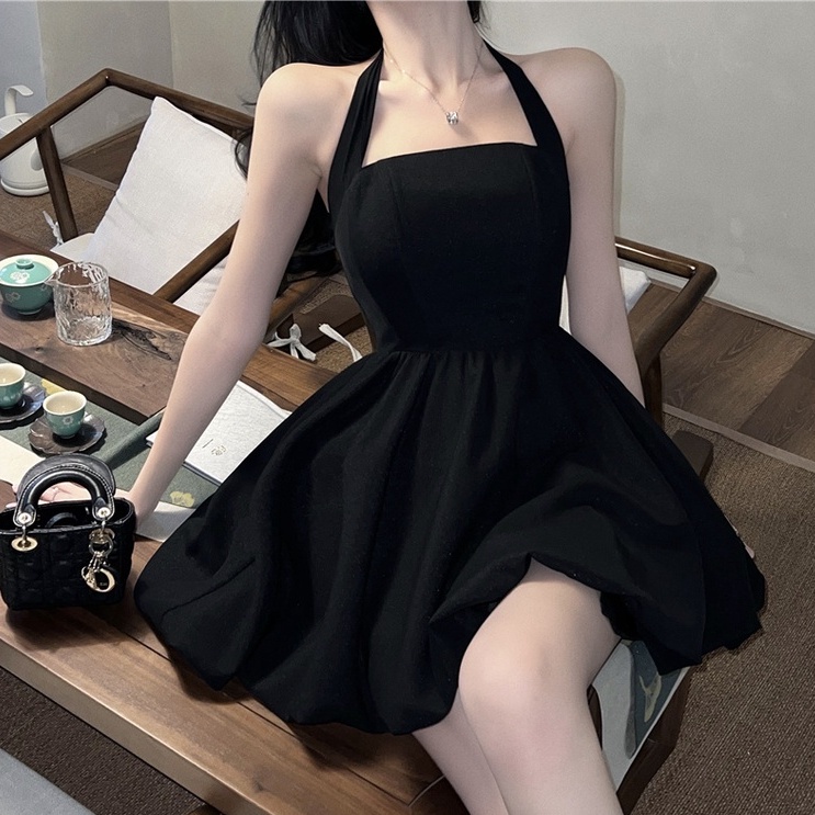 Đầm hai dây ZHELIHANGFEI màu đen thiết kế quyến rũ thời trang