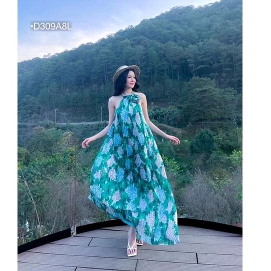 Đầm Maxi Đi Biển Váy Yếm Hoa Dập Ly Suông Hở Lưng Form Rộng Có Mút Ngực Voan 2 Lớp Cao Cấp
