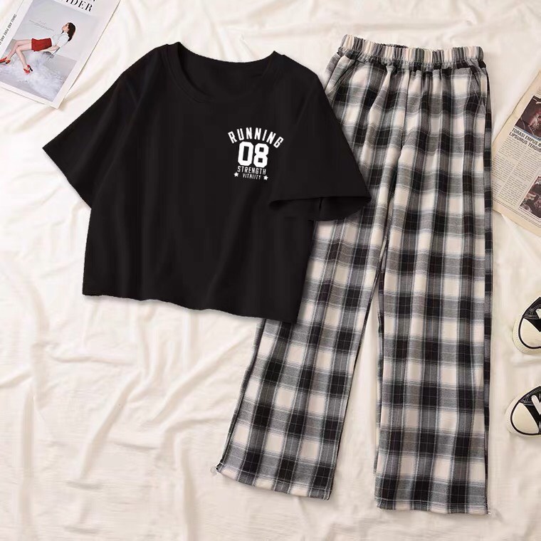 Sét áo Phông 08 + quần kẻ đen, Áo Thun From rộng mặc cho nam và nữ, chất đẹp, Sét bộ mặc ở nhà FANI