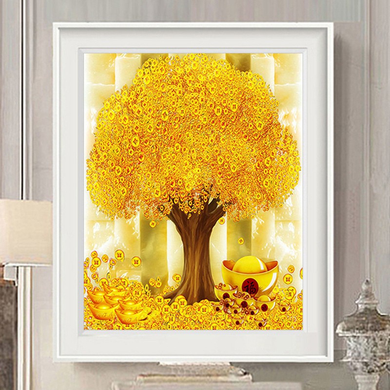 Tranh đính đá 30x40cm kèm phụ kiện tự làm hình cây tàI lộc