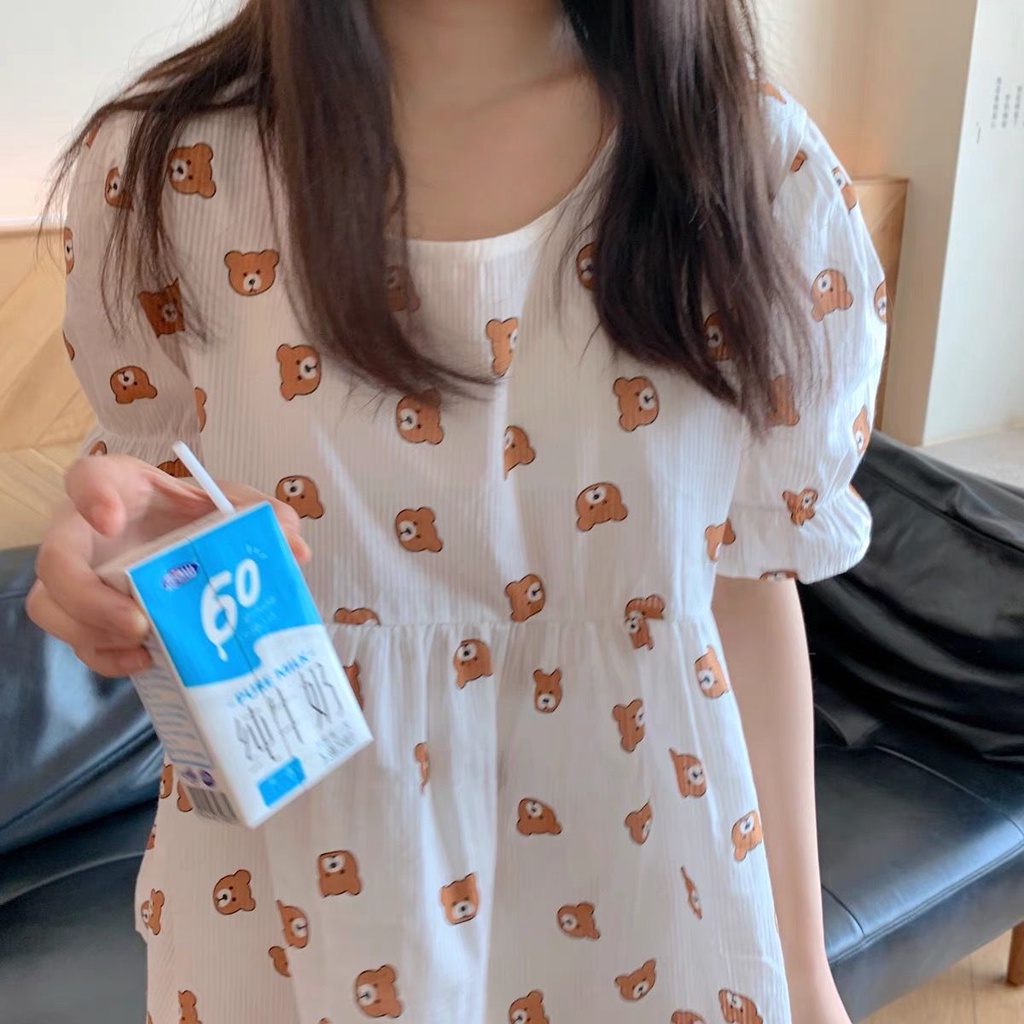Bộ Đồ Ngủ Ngắn Tay Dáng Rộng In Hình Gấu Hoạt Hình Dễ Thương Dành Cho Nữ