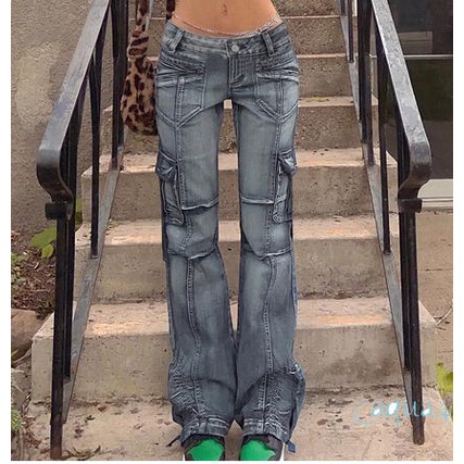 Quần Jeans Dài Lưng Thấp Có Túi Phong Cách Vintage Đường Phố Cho Nữ Y2K 90s