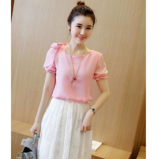 Áo kiểu lệch vai phối nơ