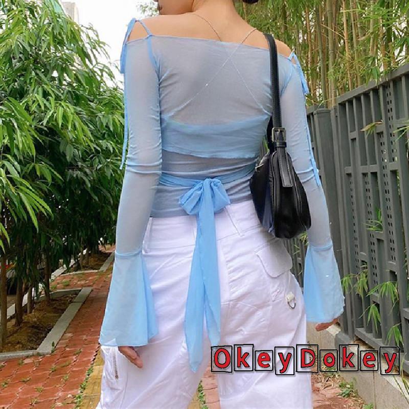 Áo Lưới Tay Loe Màu Trơn Thời Trang Cho Nữ OKDK-Y2K