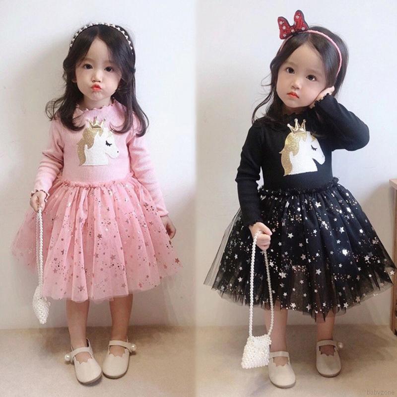 Đầm cotton tay dài phối lưới xòe đáng yêu cho bé gái