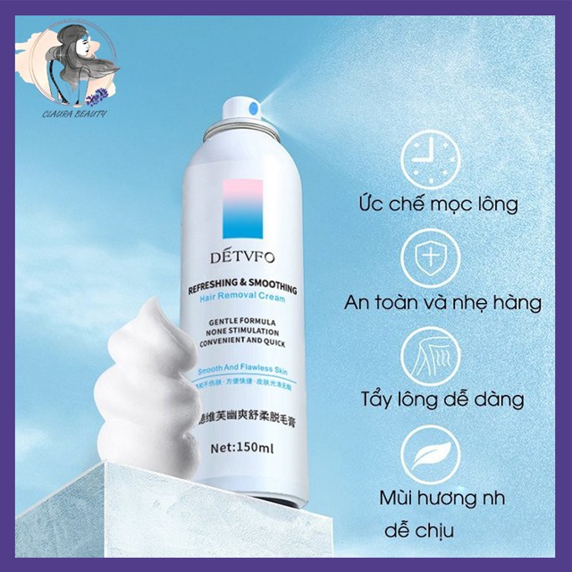 Kem Tẩy Lông Dạng Xịt Detvof, Tẩy Lông Chân Lông Nách, Lông Vùn Kín An Toàn Hiệu Quả Sau 5 Phút - Claura Beauty