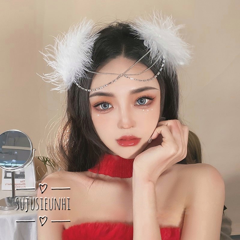 (Có video) 1 đôi kẹp tóc lông vũ kèm chuỗi xích lệch bên đính đá trang trí trán- phụ kiện chụp ảnh cosplay