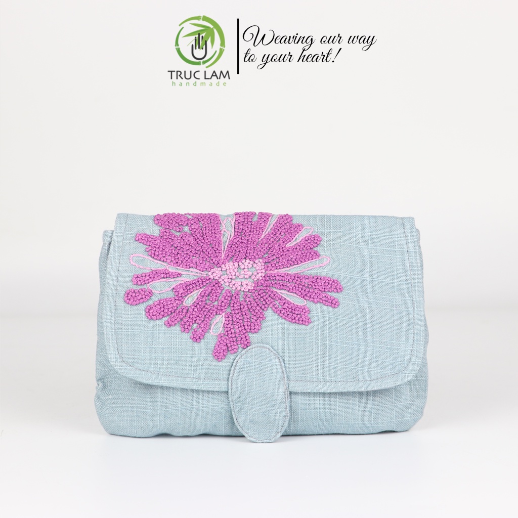Ví Cầm Tay Nữ Vải Linen Thêu Tay Sa Hạt Họa Tiết Hai Hoa Cúc - Trúc Lâm Handmade