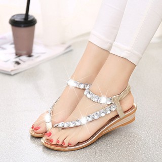AIOⒶ Giày sandal đi biển nữ đế bệt đính đá pha lê thời trang Hàn Quốc