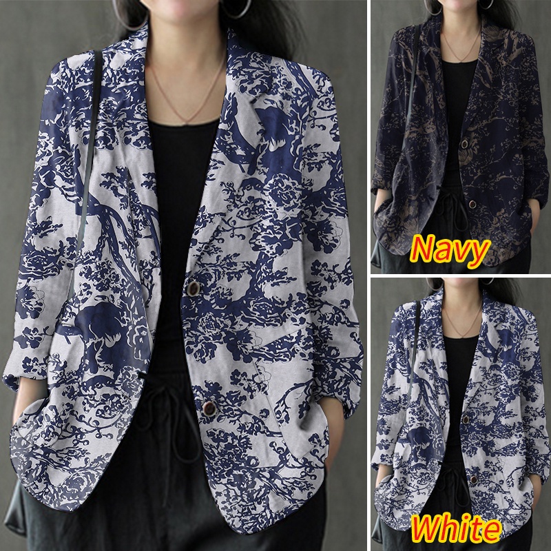 Áo blazer ZANZEA cotton dáng rộng cổ bẻ tay dài in họa tiết hoa phong cách vintage thời trang dành cho nữ