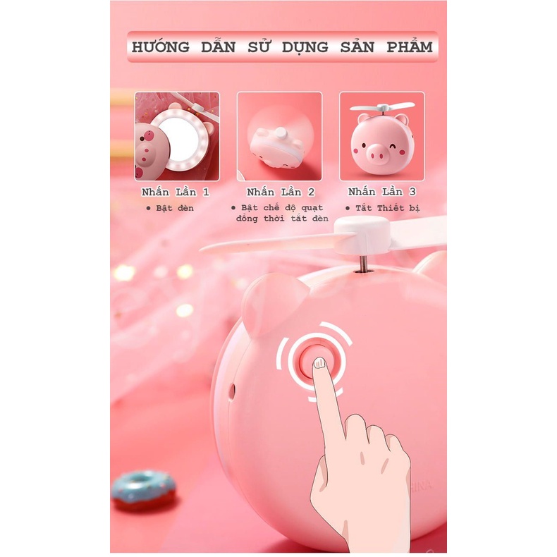 ❤️KeyyStore❤️ Quạt Mini Kiêm Gương Heo Con Tích Hợp Đèn LED Siêu Dễ Thương Quà Tặng Cho Bạn Gái Cực Xinh