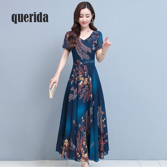 Đầm Tay Ngắn Cổ Chữ V Dáng Dài Họa Tiết Hoa Thời Trang Mùa Hè Cho Nữ