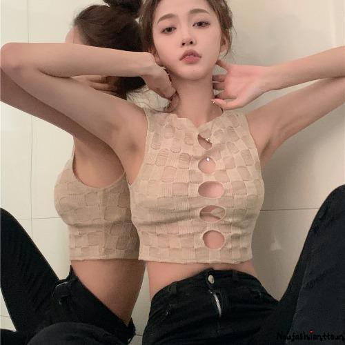 Áo Croptop Dệt Kim Không Tay Cổ Tròn Họa Tiết Sọc Caro Thời Trang Cho Nữ