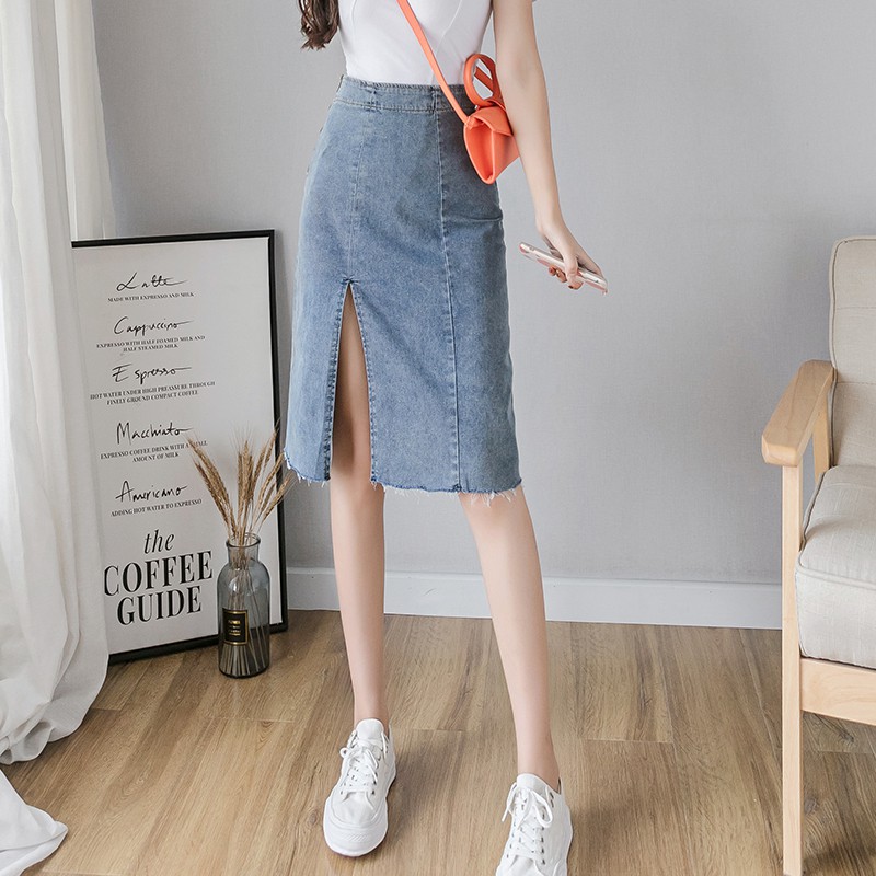 CV05- Chân váy bò chữ A dáng dài xẻ đùi cá tính