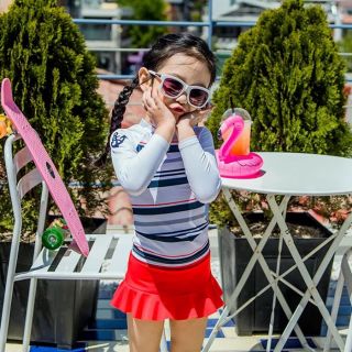 Đồ bơi bé gái tay dài sọc phối váy đỏ cho bé gái