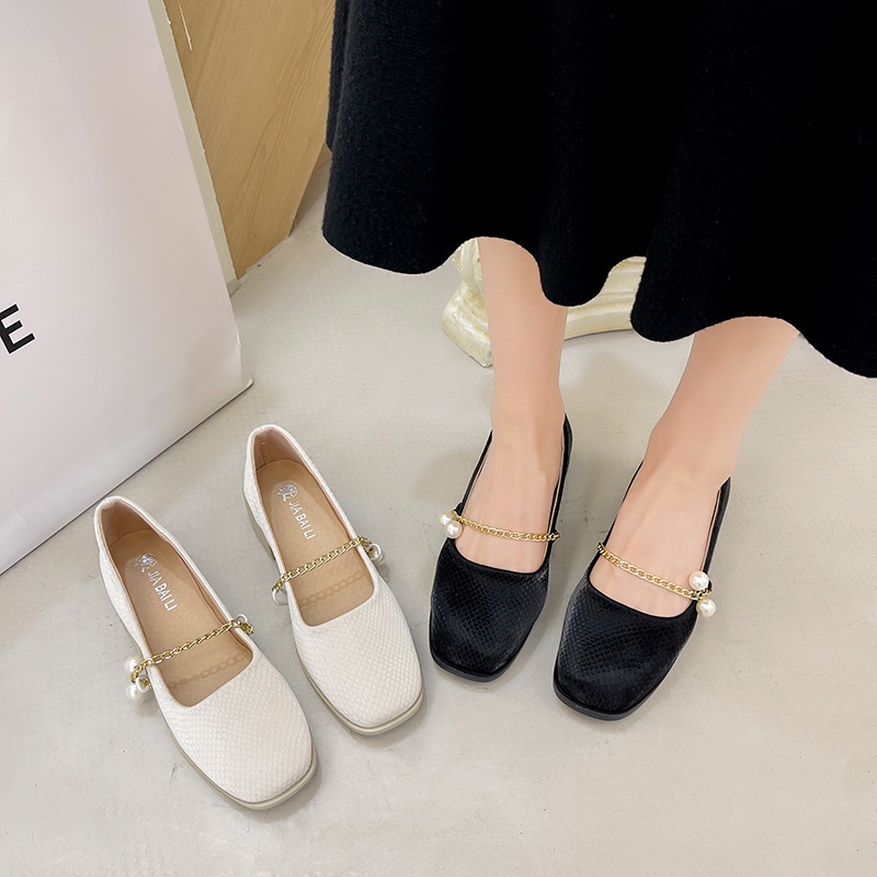 Giày cao gót IELGY mũi vuông đính ngọc trai dây xích phong cách Hàn Quốc