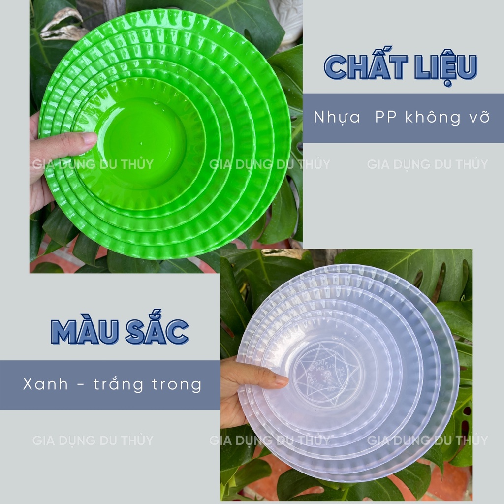 Dĩa nhựa tròn đường kính 10 - 25 cm không nứt vỡ màu xanh, trắng viền lượn sóng đẹp mắt, bền bỉ thương hiệu Vĩnh Phát