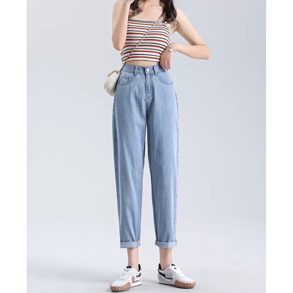[ PHÙ PHIẾM ] QUẦN BAGGY JEAN NỮ LƯNG CAO LAI CUỐN MÀU XANH NHẠT TRƠN CÁ TÍNH CAO CẤP UTI SIÊU HOT HIT CỰC ĐỈNH ĐẲNG CẤP
