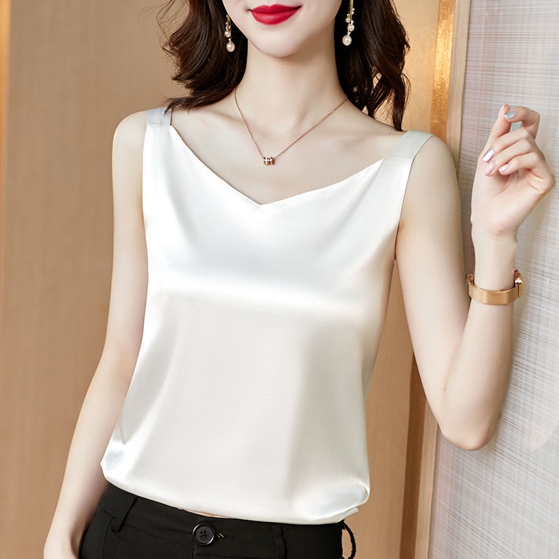 Set Áo Sơ Mi Trắng Đen Và Áo Hai Dây Vải Satin Thời Trang Mùa Hè Cho Bạn Gái