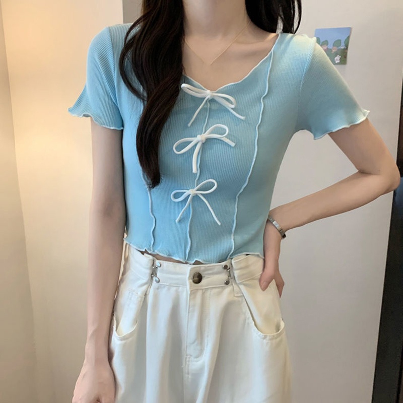 Áo Thun Croptop Dệt Kim Tay Ngắn Cổ Tròn Phối Nơ Họa Tiết Kẻ Sọc Màu Tương Phản Dễ Thương Thời Trang Cho Nữ
