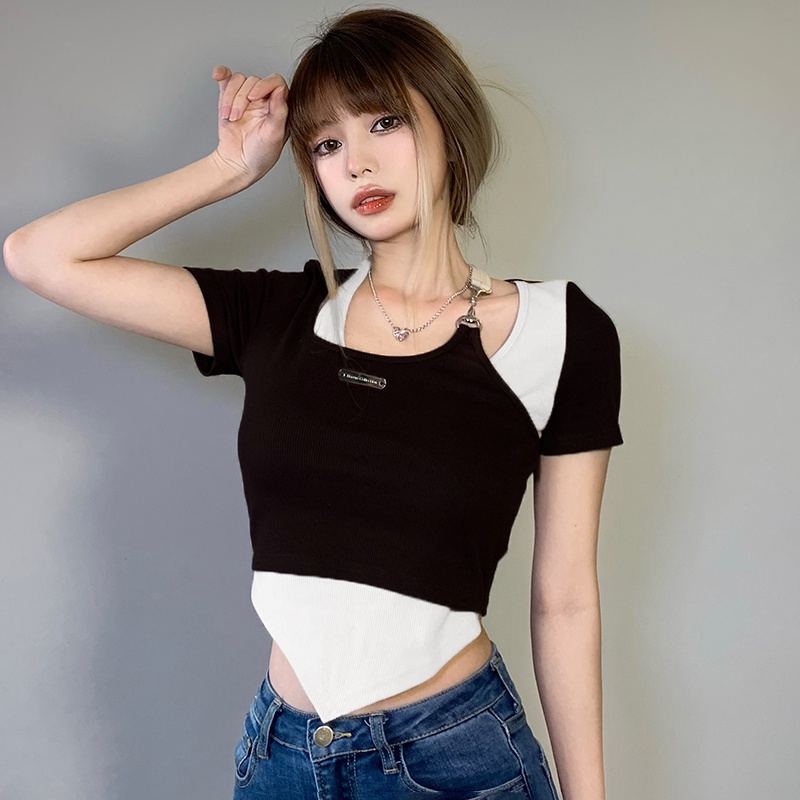 NUZIRO  Áo Thun Ngắn Tay Giả Hai Lớp Thời Trang Mùa Hè Cho Nữ