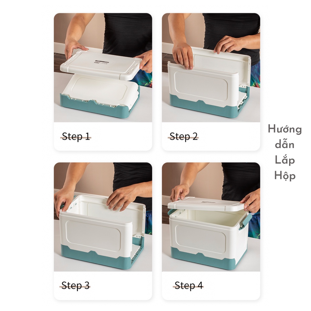 Hộp Nhựa Cứng Xếp Gọn Có Nắp Màu Trắng Viền Be - Thùng đựng quần áo, đồ chơi, dụng cụ đa năng - almondconcept