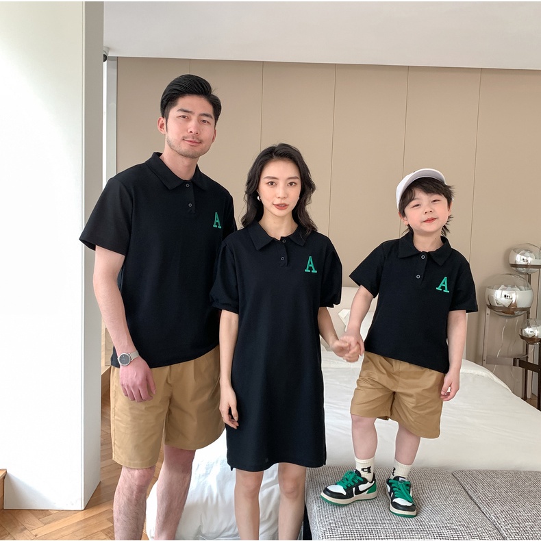 Áo gia đình Familylove - Mẫu Áo Polo Đầm Váy Gia Đình In Góc Logo Chữ A Xinh Xắn Chất Liệu cotton 100% co giãn
