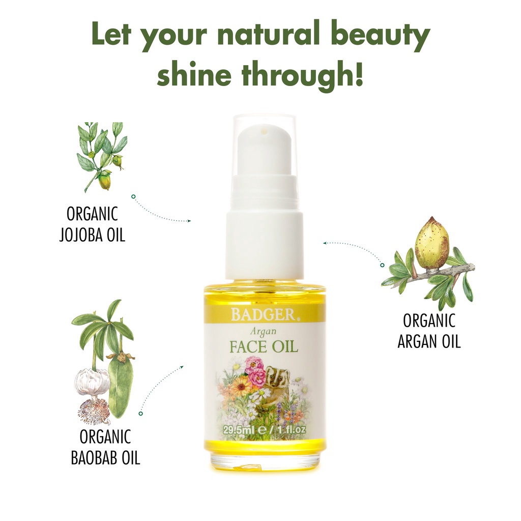 Dầu dưỡng da hữu cơ BADGER Argan organic face oil serum - nhẹ thấm nhanh cho da nhờn mụn và hỗn hợp - 29.5ML