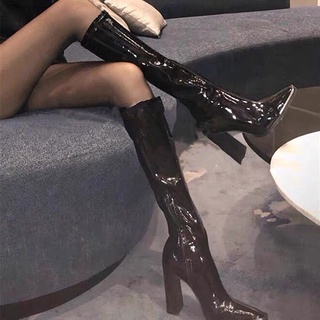 SẴN Giày boots 9P cao gót nữ gầy nhưng đến đầu gối mùa thu mới  sáng chế da cao gót mũi vuông giữa ống mỏng B007
