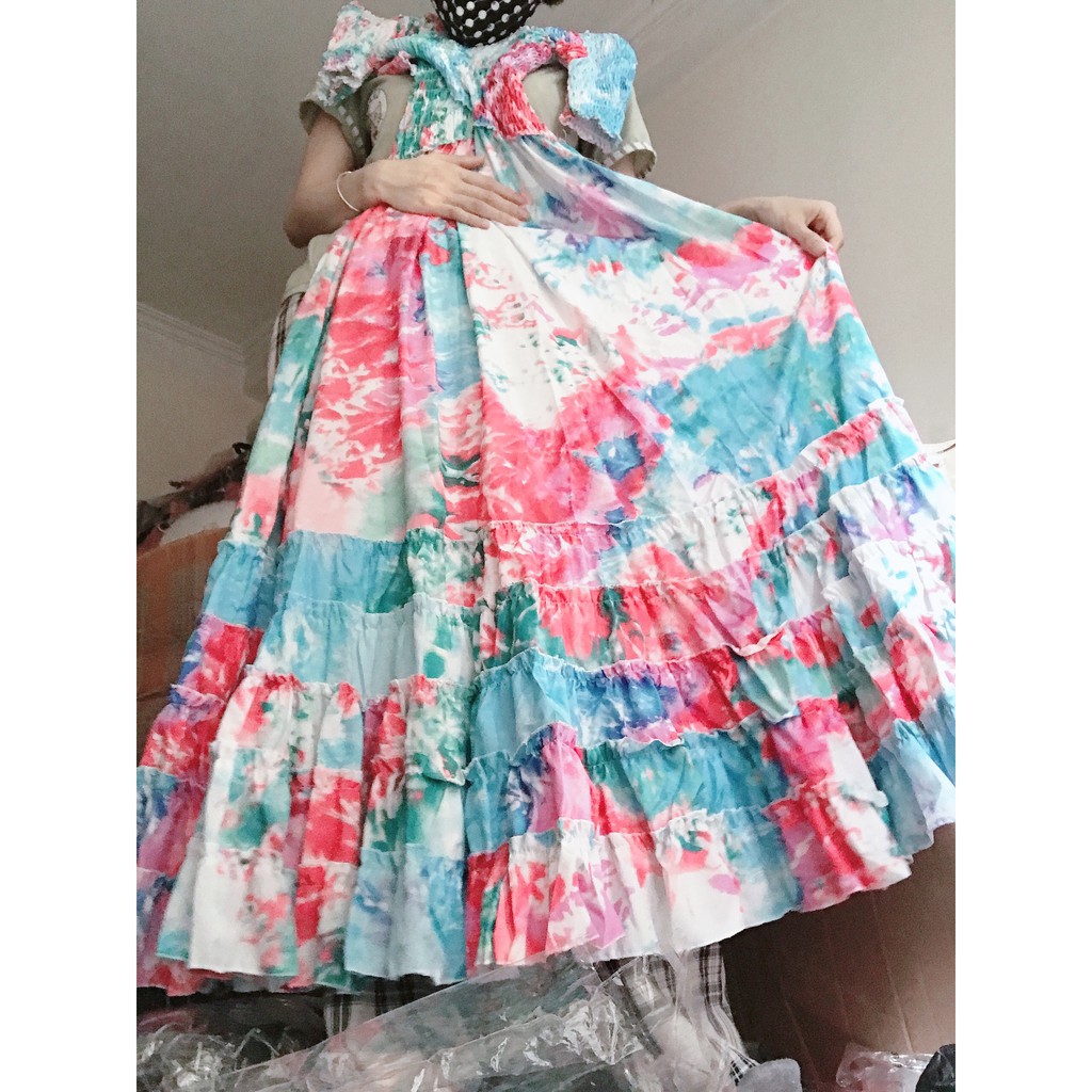 Đầm Maxi Đi Biển Váy Họa Tiết Loang Trễ Vai Độc Đáo Cho Mùa Du Lịch