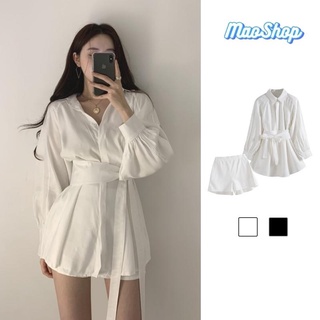 Set áo sơ mi trắng quần ngố form rộng dài tay buộc dây eo cao cấp - Maoshop