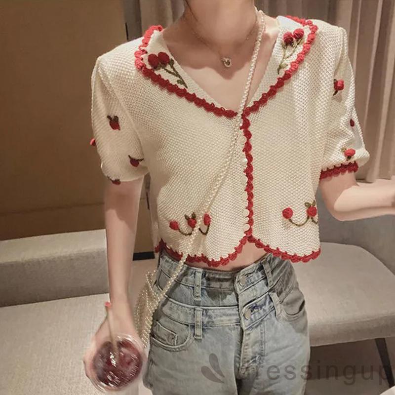 DRE-Ladies V-neck Short Tops, Summer Three-dimensional Flower Pattern Puff Short Sleeve Single-breasted Tops