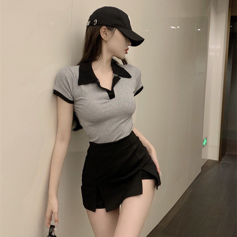 Jiashucheng Set Áo Thun Ngắn Tay Cổ Chữ v + Chân Váy Xẻ Tà Màu Sắc Tương Phản Thời Trang Mùa Hè Cho Nữ