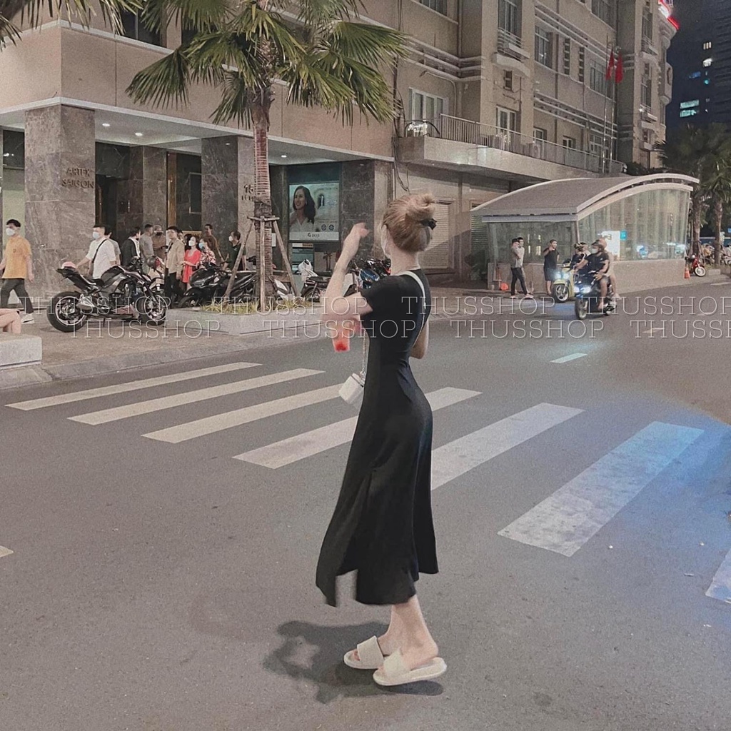 Váy Đầm BIG SIZE Dáng Dài Ôm Body Cổ Tròn Form Rộng Chất Len Tăm Dày Dặn Phối Vạt Xẻ Tà Dài Tay Và Ngắn Tay THUS535