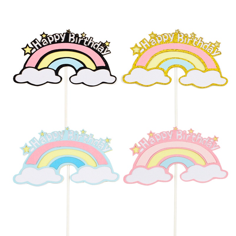 Phụ kiện cắm trang trí bánh kem hình cầu vồng và đám mây với chữ Happy Birthday xinh xắn
