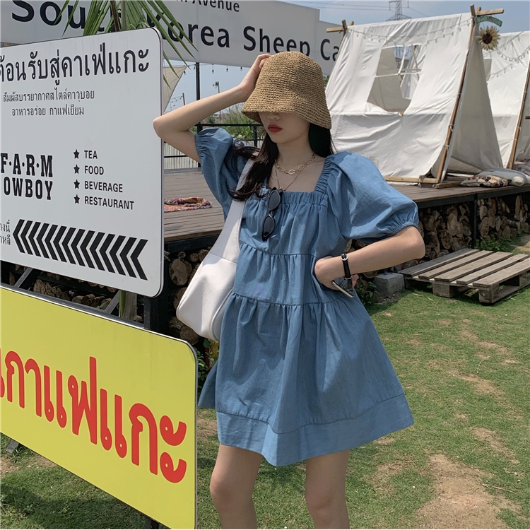  temperament over loose Pleated photo price Dress all Real Korean neck ~ square real skirt denim version | BigBuy360 - bigbuy360.vn