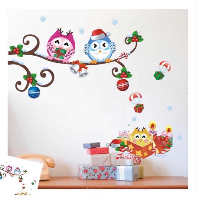 Decal trang trí tường - 3 Chú cú sắc màu đón noel