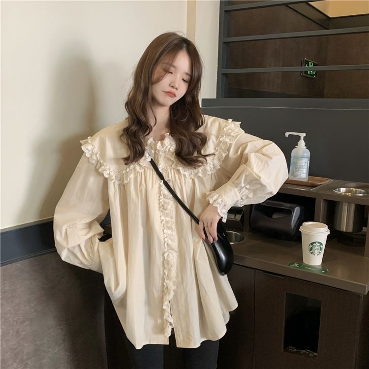 Áo Sơ Mi Cổ Búp Bê Phối Ren Màu Trơn Thời Trang Cho Nữ