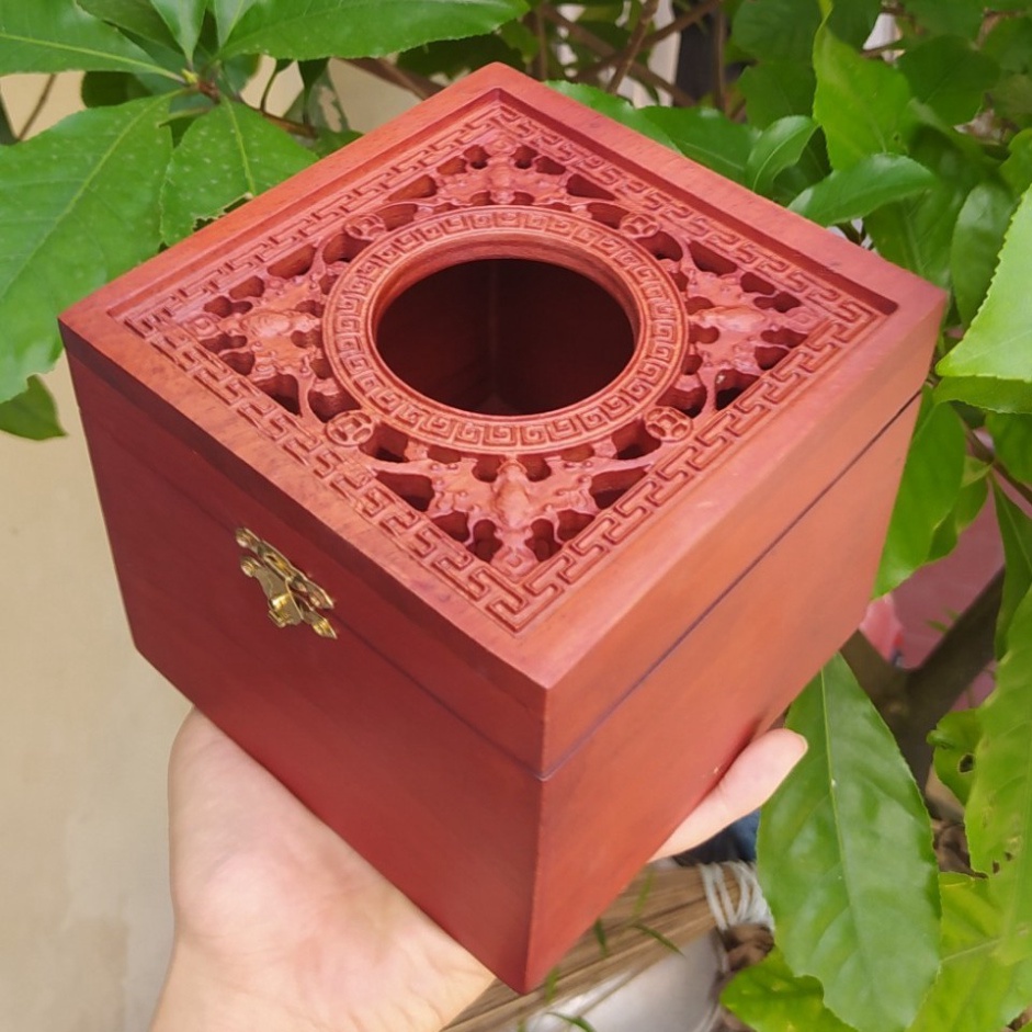 HỘP ĐỰNG GIẤY ĂN GỖ HƯƠNG KHỔ VUÔNG CHẠM KHẮC RƠI - ẢNH THẬT HÀNG THẬT - BẢO HÀNH VÀ ĐỔI TRẢ